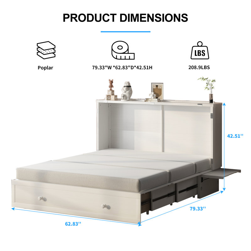 Millwood Pines Queen Size Murphy Bed with Trifold Foam Mattress – Built-in USB Station & Large Storage Drawers, Durable Cabinet Bed for Bedroom, Living Room, or Office