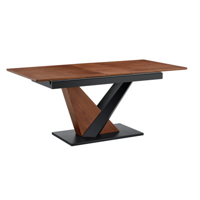 Scratch- Dining Table, Extendable, + Solid Wood Veneer, Metal Cross Base, Dark Walnut Extendable Rectangular Table For Kitchen Arrangement, Tabletop,