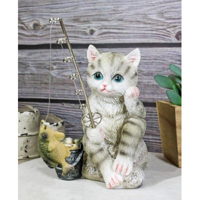 Lifelike Tabby Cat Sitting By Pail Of Fishes And Pole Fishing Figurine