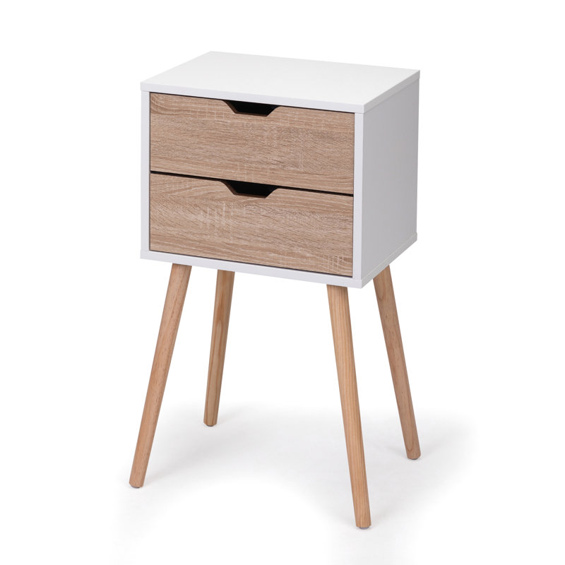 Table de chevet moderne avec 2 tiroirs, pieds en bois massif, rangement pour table de chevet, rangement, Blanc / Brun
