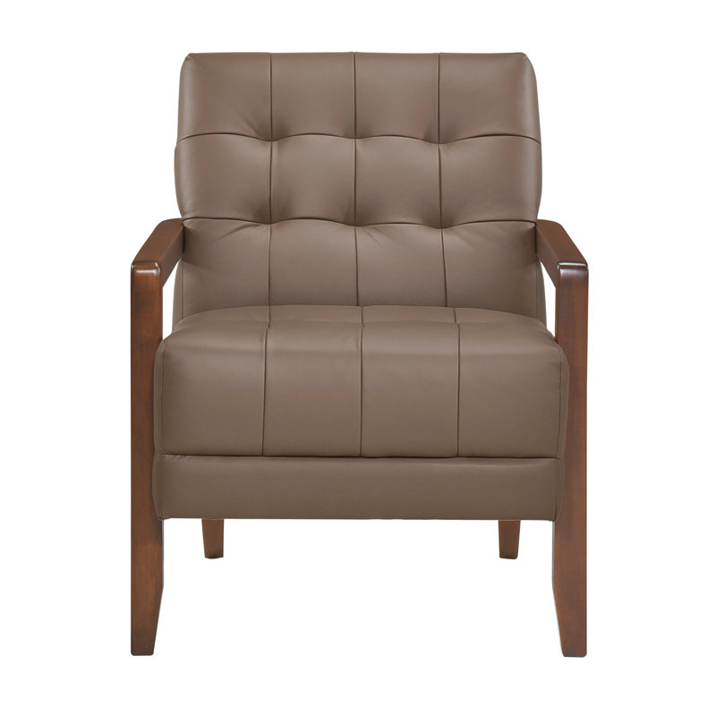 Chaise d'appoint moderne en cuir brun avec détails et fauteuil en bois haute mousse, Brun