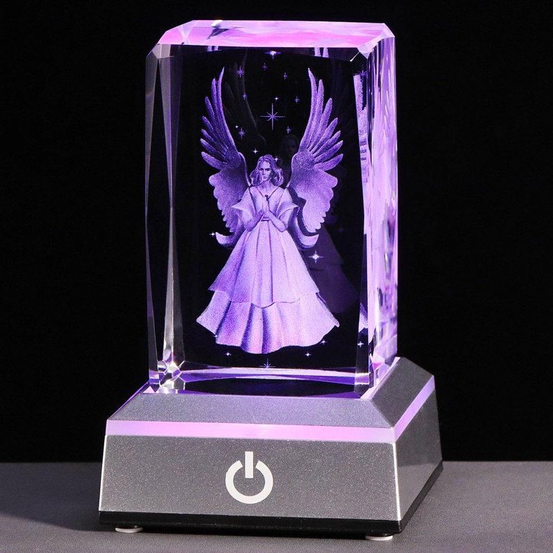 3D Crystal Guardian Angel Figurine With Colourful Light Base