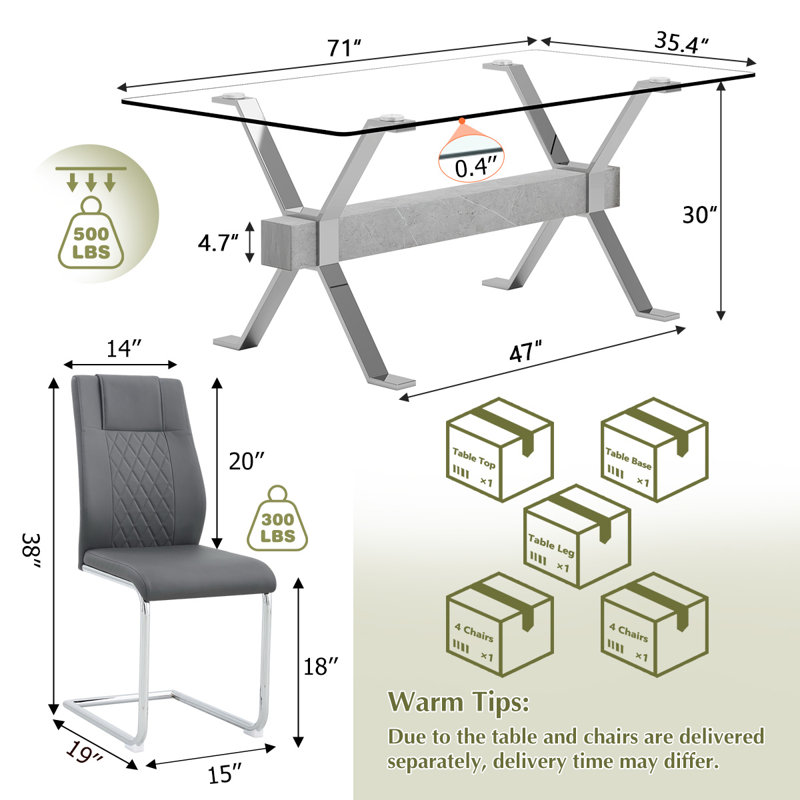 7-Piece Glass Top Dining Table Sets, Gray/Silver, Silver