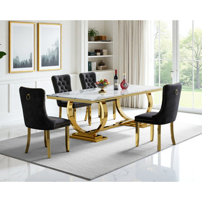 Luxury 68" Dining Table Set for, White Faux Marble Dining Table with Velvet Dining Chairs, Modern Kitchen Table and Chairs Set, Luxury Dining Table Set for Kitchen Dining