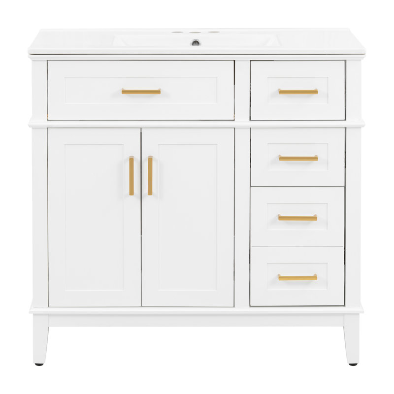 Meuble-lavabo simple 36 po avec comptoir en céramique 36 po, Blanc, Doré