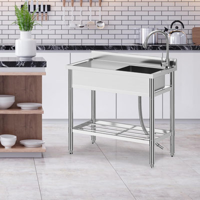 Évier utilitaire en acier inoxydable, cuve simple autoportante avec robinet d'eau chaude et froide, évier de garage pour salle de bain avec cuisine commerciale, 30 po x 16 po x 40 po