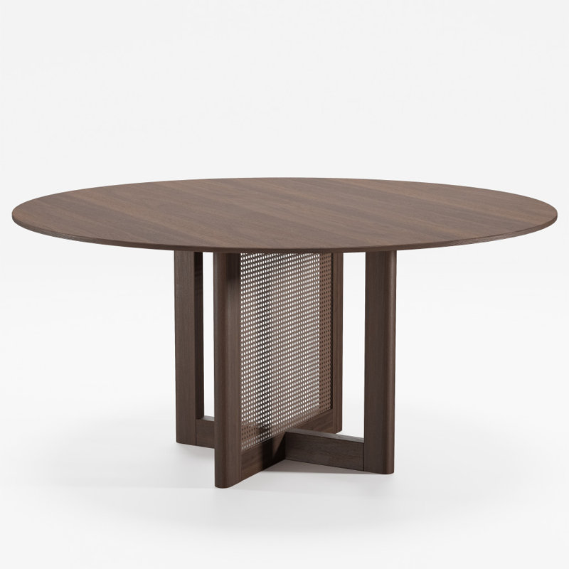 60" Brown Solid Wood and Rattan Cross Leg Base Round Top Dining Table, 30"H x 60"L x 60"W, Brown