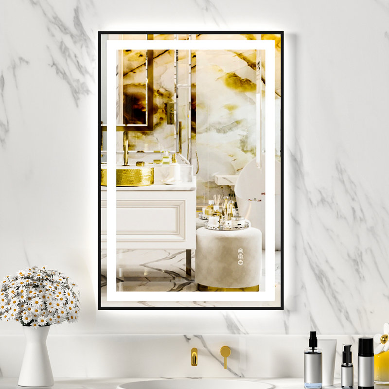 Miroir 4Mm en verre trempé noir 24X36 "avec deux lumières à DEL, éclairage avant et arrière, trois options de couleur, fonction de gradation continue, système de brouillard, installation horizontale ou verticale, Ul 12V