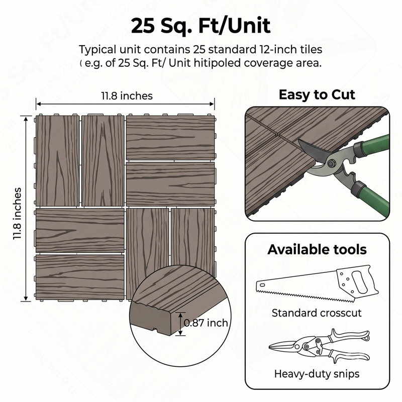 Dalles de terrasse extérieures emboîtables 25 pièces/carton - 8 panneaux en relief, Brun foncé (gaufrage 8 panneaux)