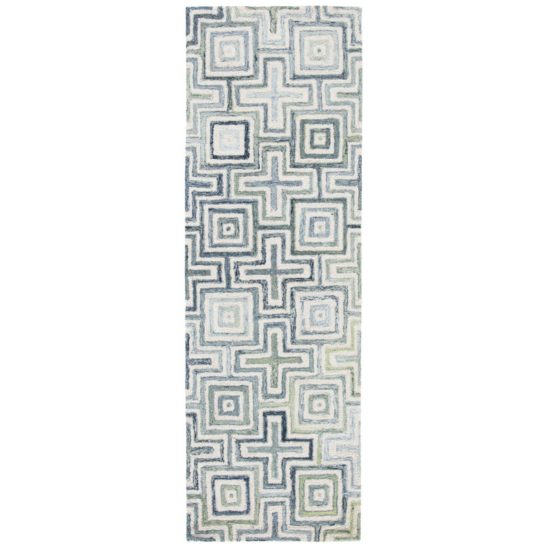 Gladies Geometric Handmade Tufted Ivory/Blue Area Rug, Runner 2'6" x 8'