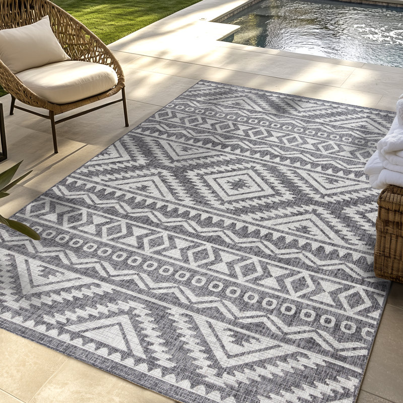 Savara Dakari Silver Gray Ivory Cream Moroccan Bohemian Indoor/ Outdoor Polypropylene Flatweave Area Rug, Rectangle 5'3" x 7'