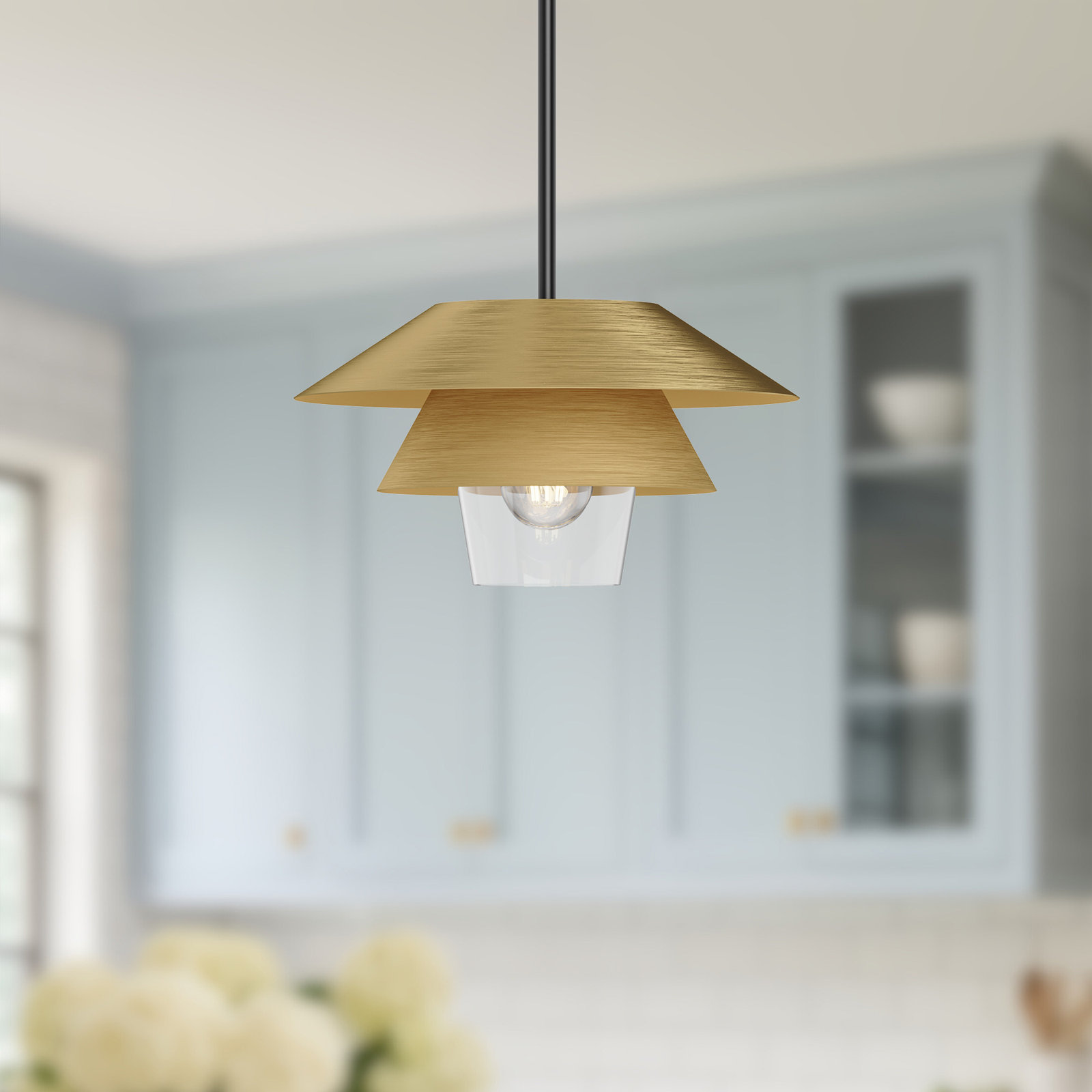 Davant Single Light Steel Pendant, Brushed Gold, 7.75" H x 13.5" W x 13.5" D