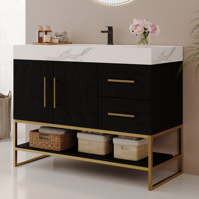 36" Modern Freestanding Bathroom Vanity With Ceramic Sink & Sintered Stone Top - Black & Gold Vanity Cabinet For Bathroom