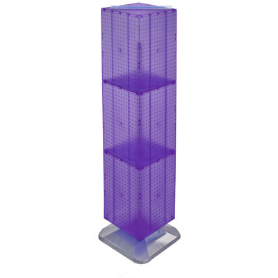 Présentoir de plancher à quatre côtés en panneau perforé sur base pivotante. Support à roulettes. Taille du panneau: l 14 po x H 60 po