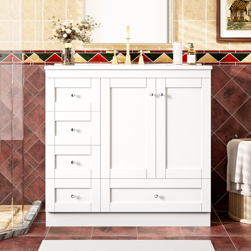 36 meubles de salle de bain, lavabo en céramique, 4 tiroirs, 2 portes, facile à entretenir, meuble-lavabo d'apparence moderne avec espace à fermeture en douceur pour les petites salles de bain