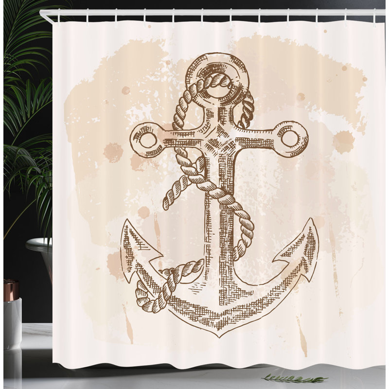 Nautical Anchor Cream and Brown Fabric Shower Curtain with Hooks