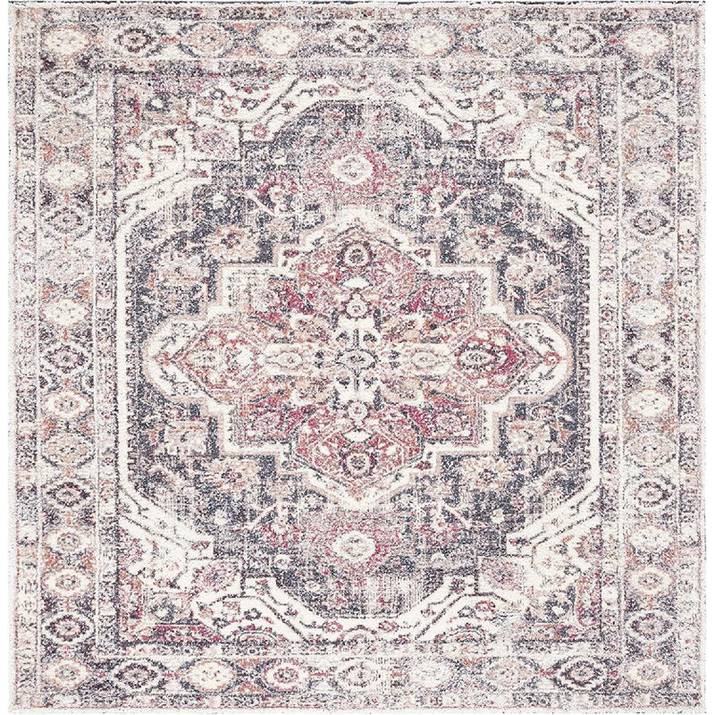 Tapis géométrique en polyester touffeté à la main rouge / bleu, Carré 6 pi