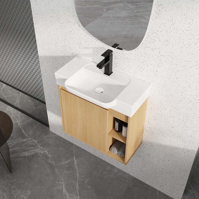 Meuble-lavabo mural avec lavabo en céramique blanche et porte à fermeture en douceur, emballage KD, Chêne clair, 24"