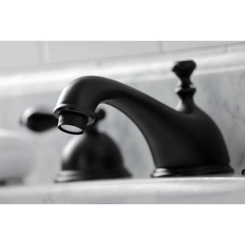 Kingston Brass Duchess Two-Handle 3-Hole Deck Mount Widespread Bathroom Faucet with Brass Pop-Up Drain, Matte Black