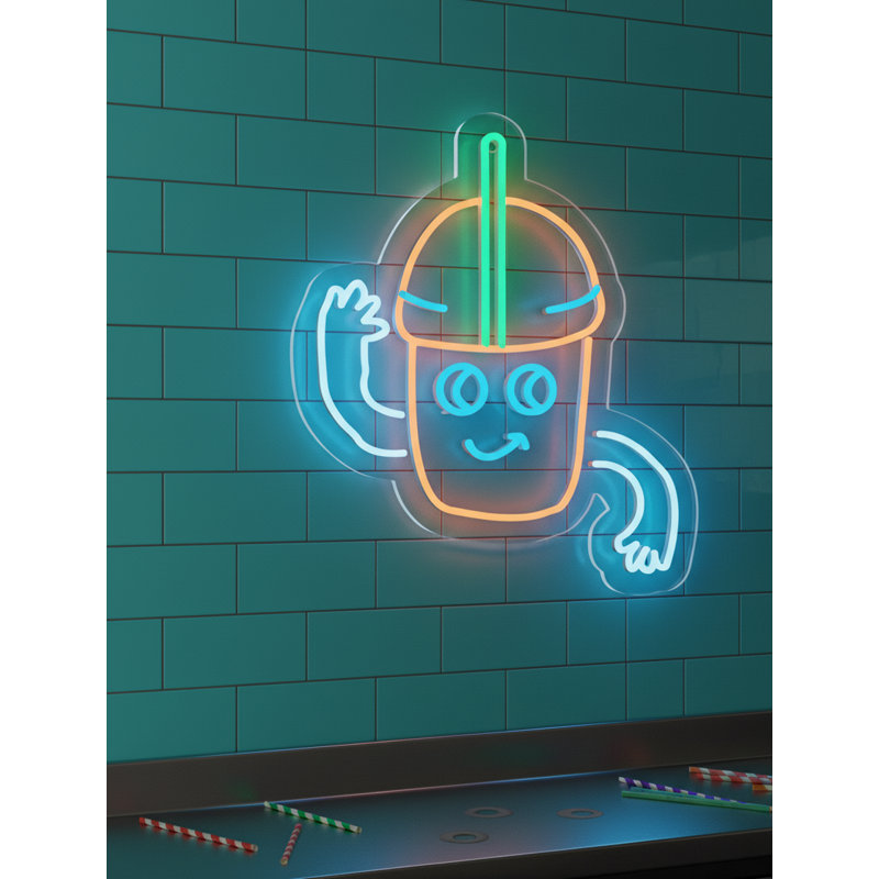  | Enseigne néon de boisson souriant | Fabriqué avec un tube néon flexible durable pour un éclairage lumineux et uniforme et une lueur durable sans scintillement ni dommages | 20 x 17 | Orange, vert, bleu