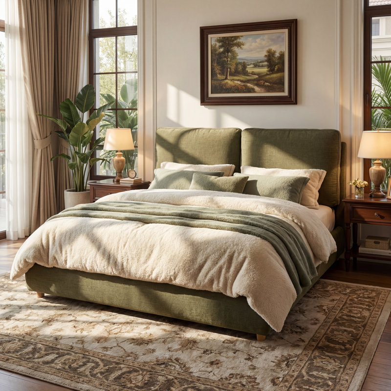 Lit plateforme tapissier avec deux coussins amovibles Boucle, Très grand lit, Vert olive