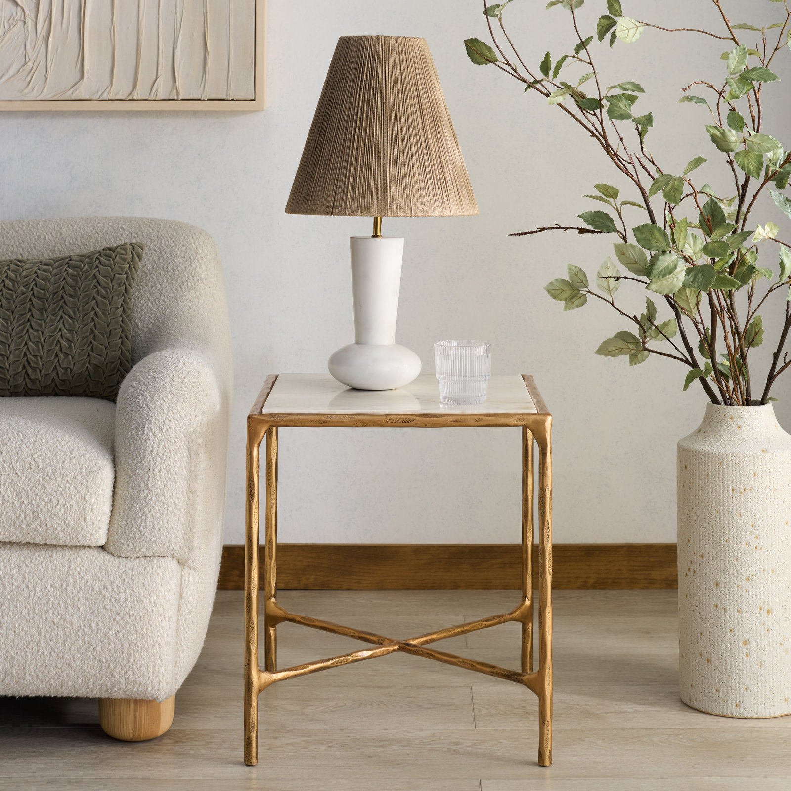 Evelynn 18" Genuine Marble End Table, Brass, White Marble