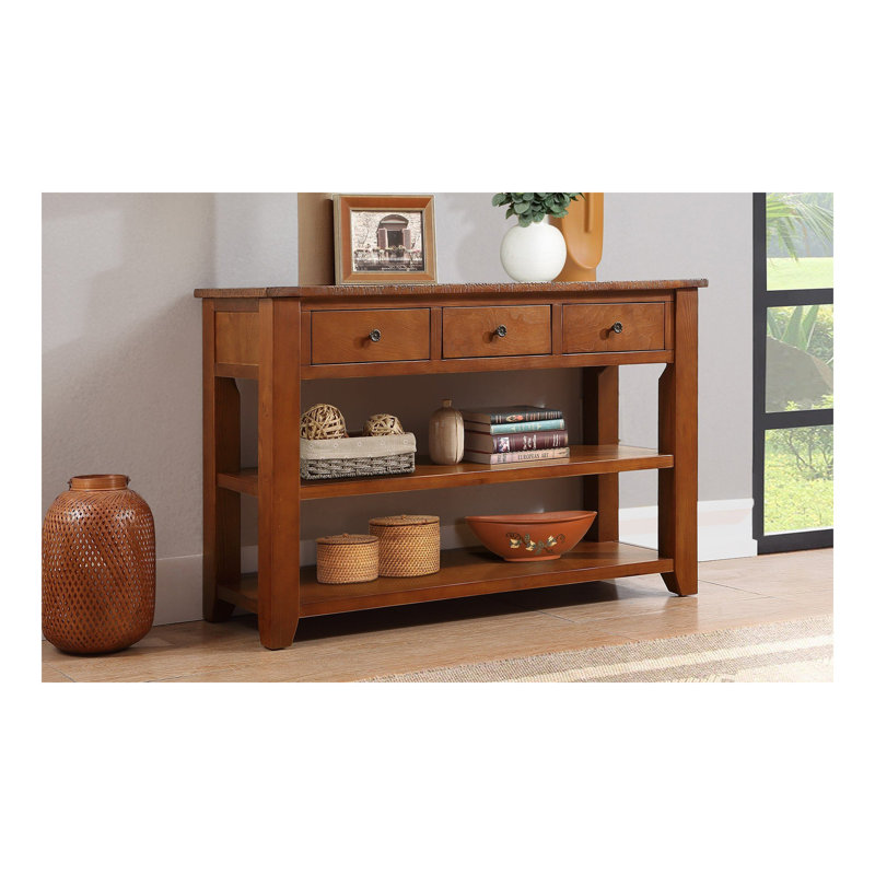 Console en bois de pin massif 48 po, table d'appoint moderne avec 3 tiroirs de rangement et 2 tablettes. Facile à assembler (brun)