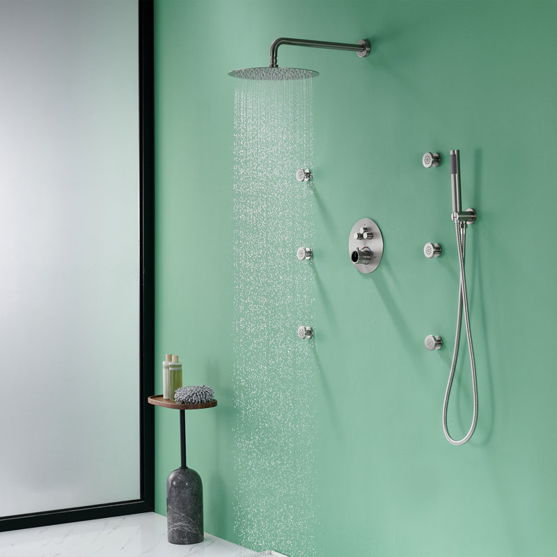 Herathena Wall Mounted Stainless Steel Round Luxury Complete Shower System with 6 Body Jets, Brushed Nickel