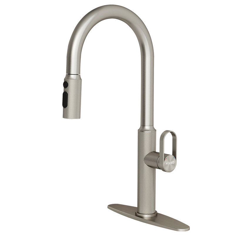 MASO Kitchen Faucet with Pull-Down Sprayer, 3 Spray Modes, Single Handle High Arc Sink Faucet for Kitchen, RV, Laundry and Bar, 304 Stainless Steel, Brushed Nickel