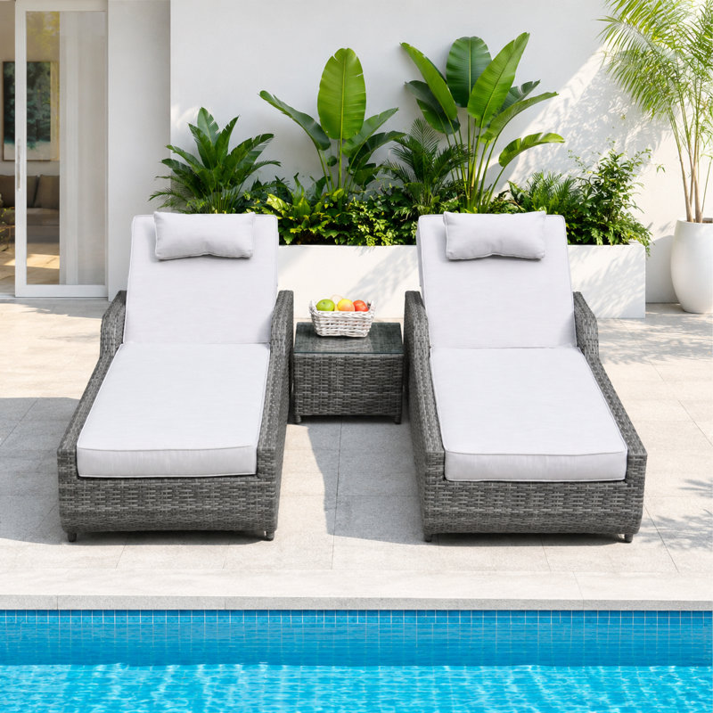 Outdoor Metal Chaise Lounge Set with Table , Cushion Included, White, Gray