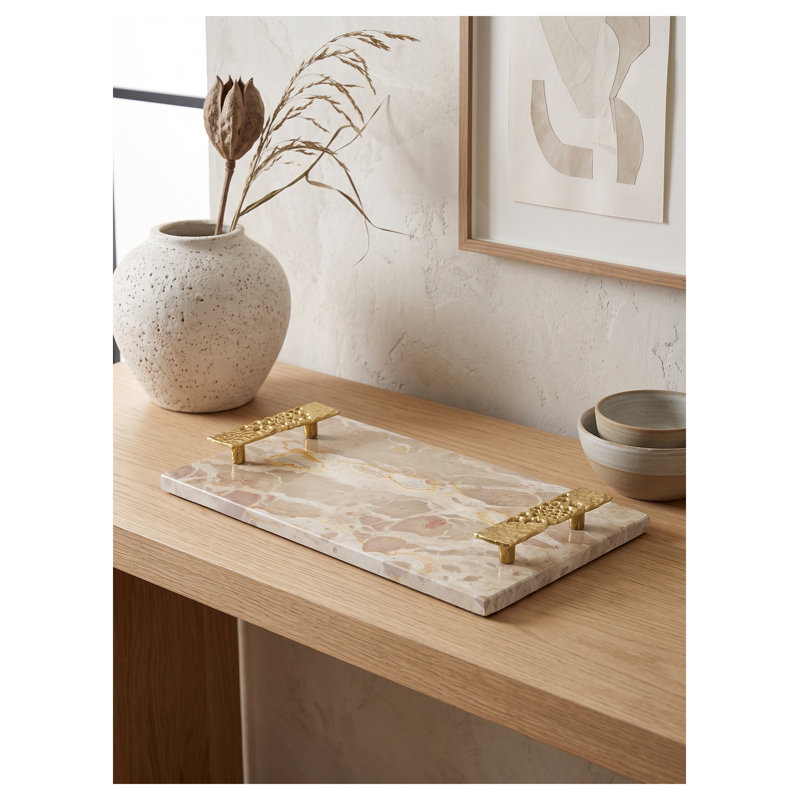 17.7x9.7x2" Marble Tray with Gold Handles