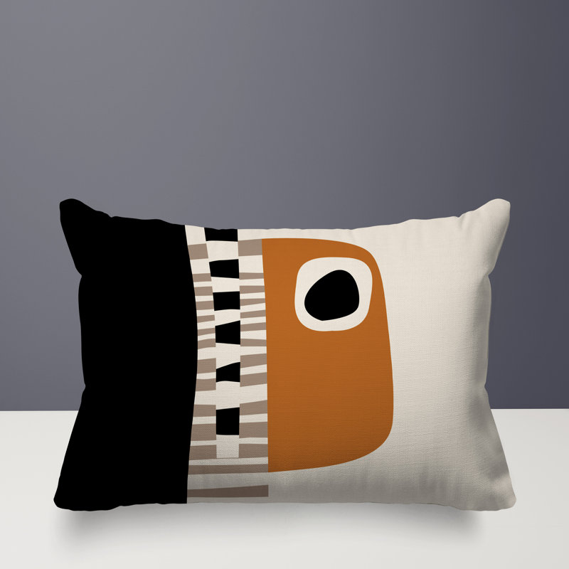 Oreiller rectangulaire réversible intérieur / extérieur Rikka, H 14 po x l 20 po, Orange brûlé / noir / blanc cassé