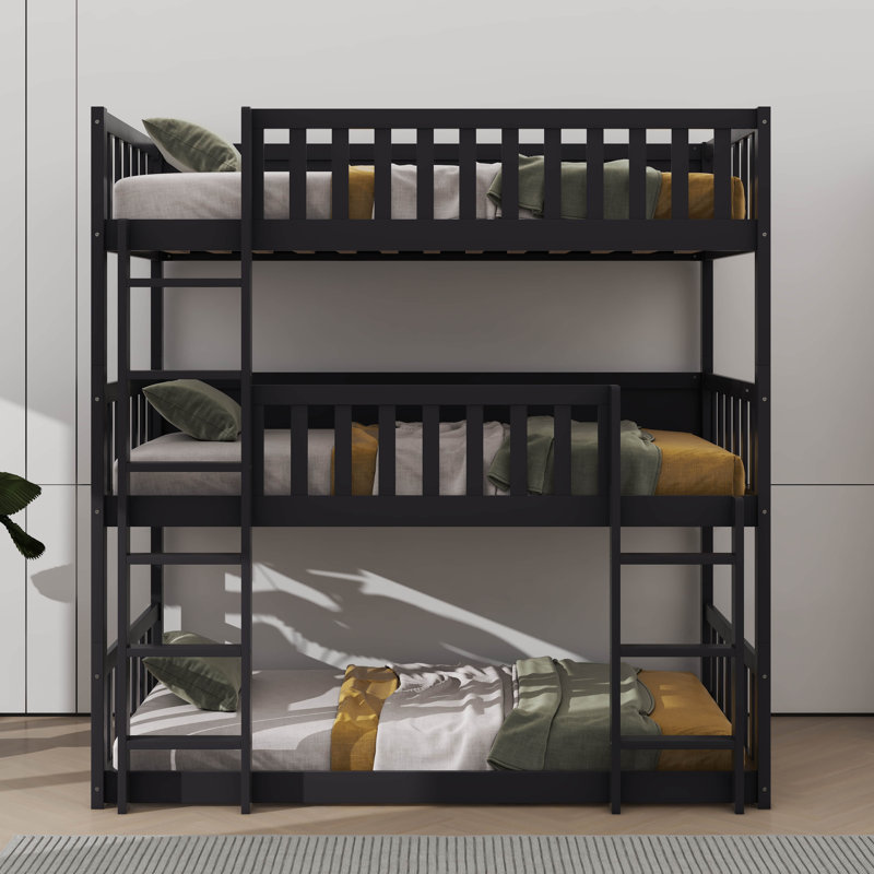 Twin Triple-Layer Rubber Wood Bunk Bed Complete With Ladders And Protective Guardrails, Black