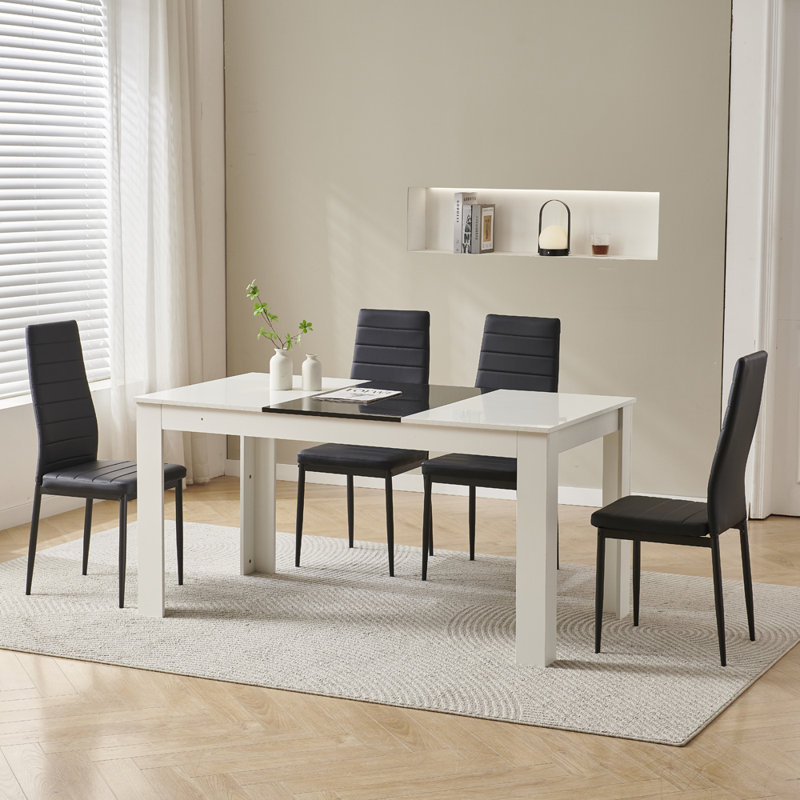 Solid Wood Dining Set, 150cm Table, 4 Seats Faux Leather Black
