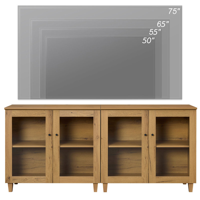 Meuble télé 2 en 1 avec portes en verre, console multimédia avec tablettes réglables et gestion des câbles, Brun chêne
