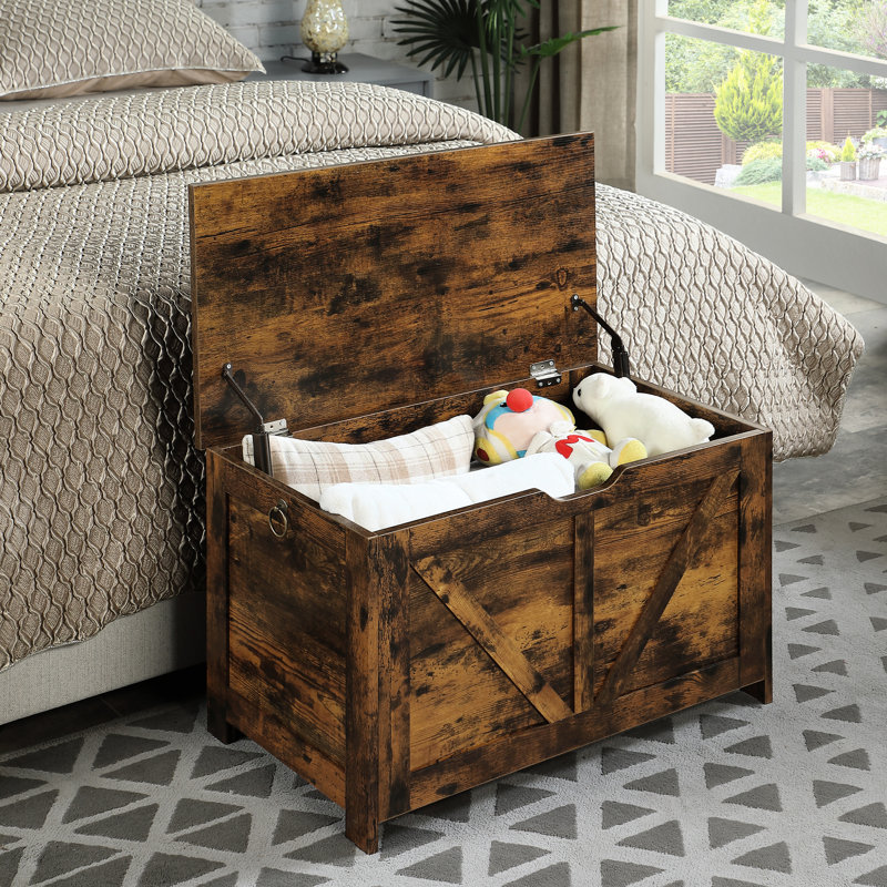 Rustic Brown Storage Bench, Retro Box, Entryway With U - Shaped Pull, Hinges, Easy Access Brown, Vintage Charm Storage, 2 Large Interior For Blankets