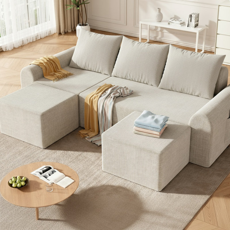 Canapé modulaire 86,6 po avec 2 repose-pieds et 3 coussins, des sièges profonds en forme de L pour le salon, un canapé rembourré en jute moderne, aucun assemblage requis!