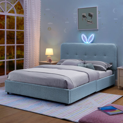 Lit pleine grandeur pour enfant avec tête de lit surdimensionnée pour oreilles de lapin, lumière DEL et 4 tiroirs de rangement, tissu bouclé (79,5 po x 55,75 po x 41 po)