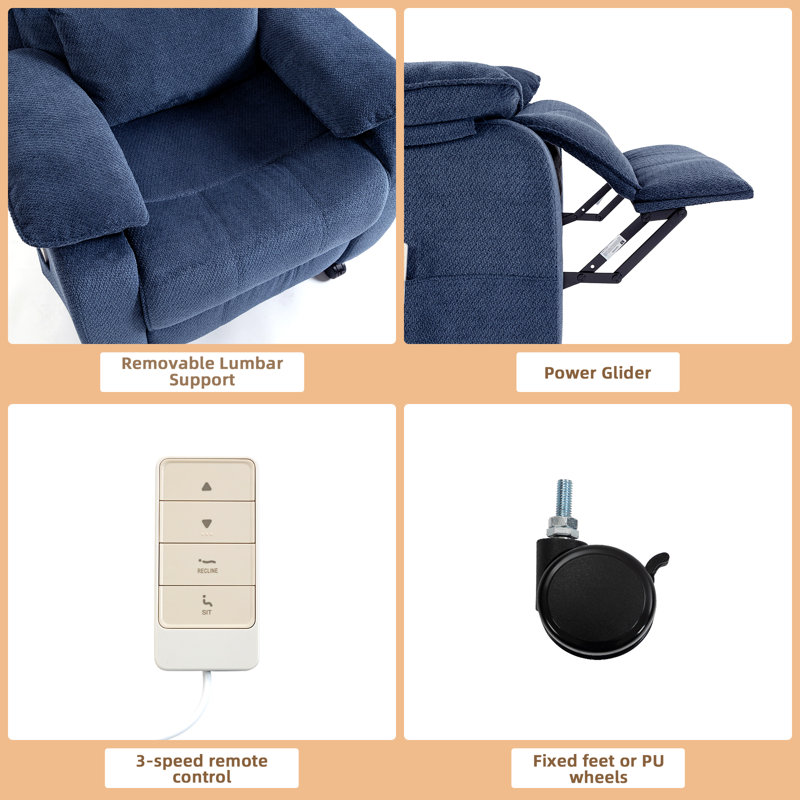 Chenille Power Recliner Chair With Wheels, Adjustable 90°-165° Reclining Sofa With Side Pocket, For Living Room Bedroom