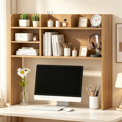 Natural Wood Desktop Bookshelf, Countertop Desk Organizer with Open Compartments, Anti‑Tipping Kits Included, Tabletop Display Shelf for Home Office Dorm