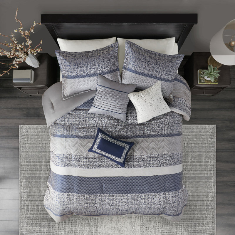 Ensemble d'édredon luxueux en jacquard bleu marine 7 pièces Luxurious