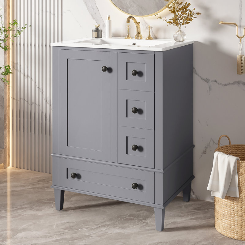 Meuble-lavabo autoportant de 24 po avec lavabo en céramique, double tablette de porte, tiroirs à fermeture en douceur et porte d'armoire - Certifié EPA / UpC
