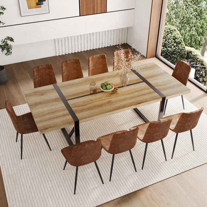 Ensemble de table de salle à manger 87 pouces en bois avec chaise rembourrée en similicuir, 11 pièces: table, 10 chaises