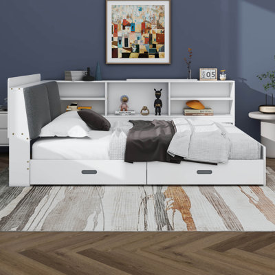 Full Size Platform Bed Daybed With L-Shaped Storage Shelves And Upholstered Headboard, 2 Drawers And Rotatable Storage Board