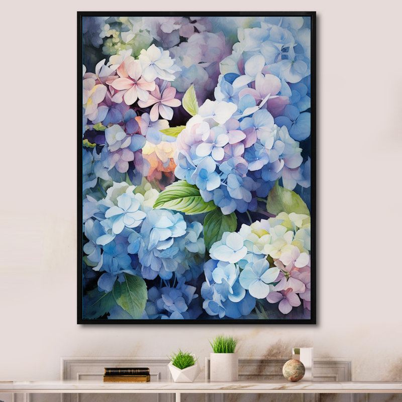 Impression sur toile encadrée «Campilis Blue Hydrangea Dreamy Garden - Hydrangea», Cadre flottant noir