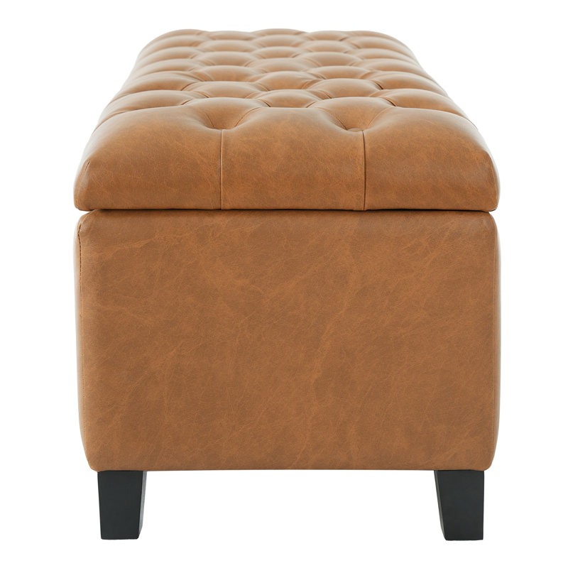 Banc ottoman avec rangement, surface en polyuréthane, pieds en bois d'hévéa, capacité de charge de 136 kg, Simili cuir, Brun