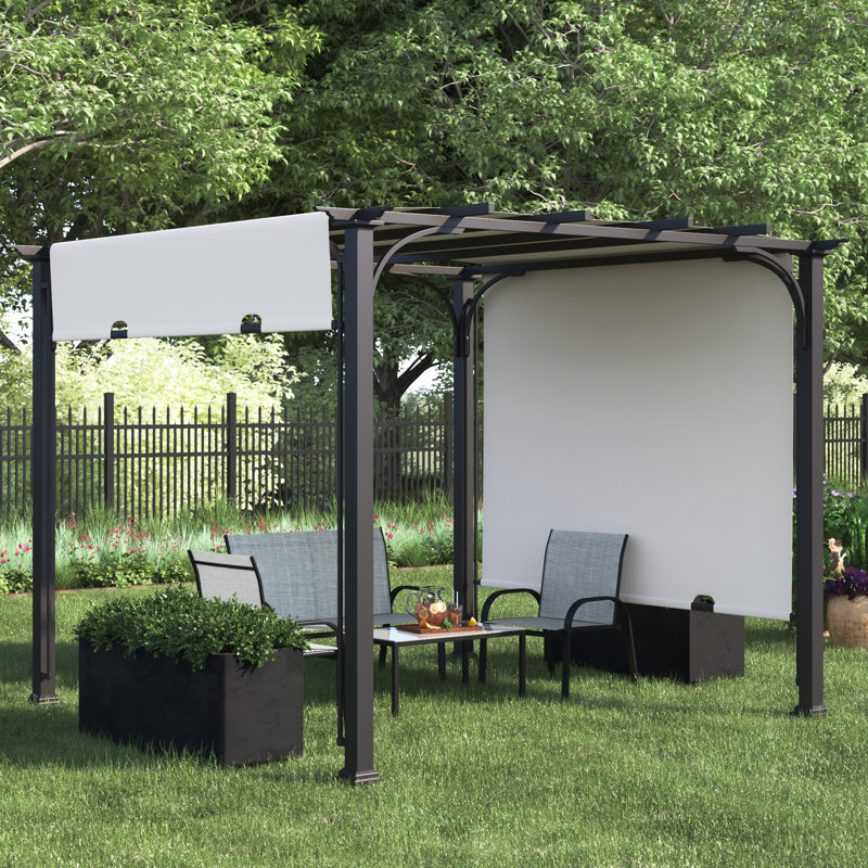 Pergola d'extérieur à cadre classique en acier brun avec abat-jour rétractable blanc pour la cour 10 pi x 10 pi SUNJoy Meadow