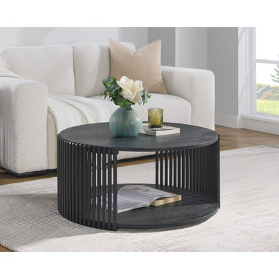 Estie Round Wood Slatted Coffee Table With Open Shelf