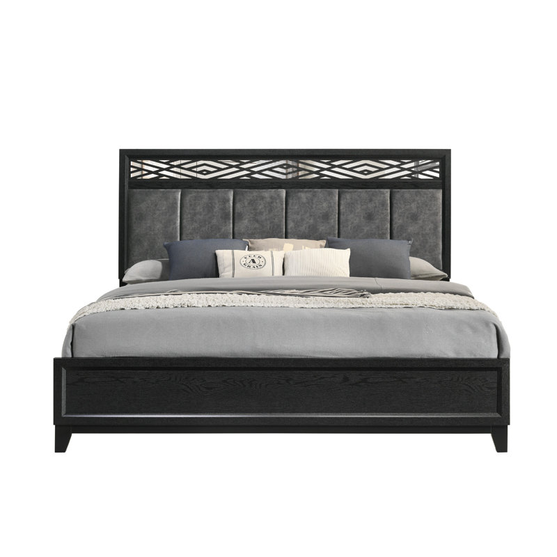 Très grand lit Kira, découpes géométriques, revêtement en polyester gris, noir, Très grand