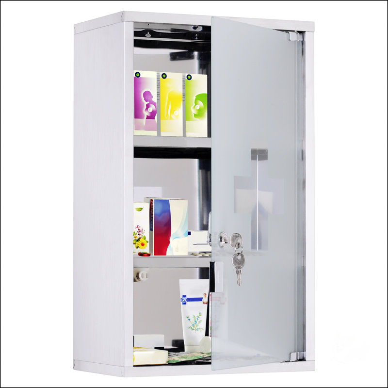 Armoire à pharmacie murale verrouillable à 3 niveaux Kleankin, structure en acier inoxydable et porte en verre